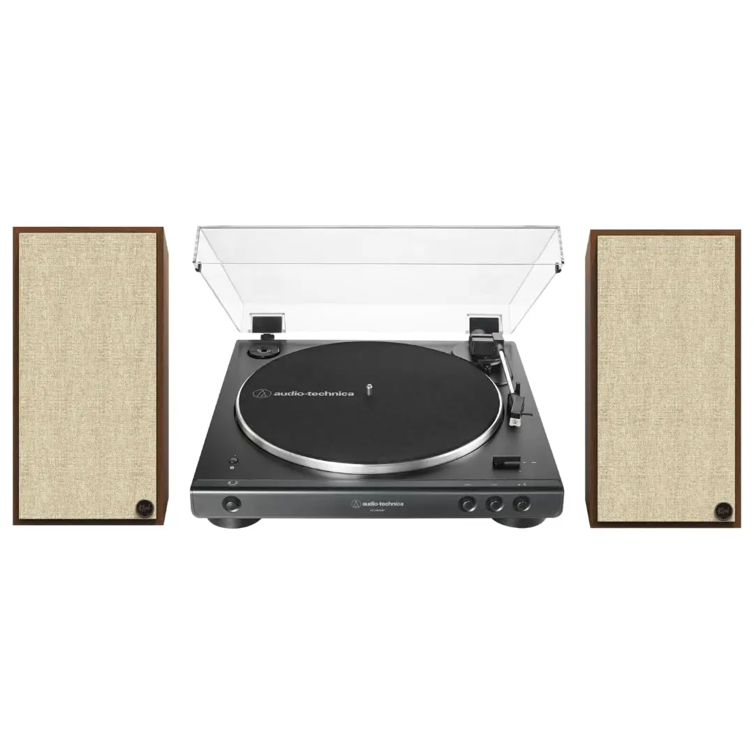 Klipsch The Sevens Retro Heritage-Inspired Wireless Bluetooth Digital Amplifier Powered Speakers (Walnut, High W Output, Built-In Subwoofer) Bundle with 60XBT-BK Fully Automatic Belt-Drive Vinyl Stereo Turntable, Watts Aluminium Audio, Dust Cover, Wood Ve