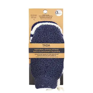 TADA Natural Exfoliating Gloves for Bath & Shower - Navy 3PK, Premium Body Mitts for Smooth Skin & Circulation Men Women