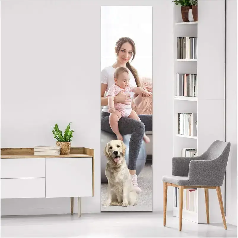 13" or 15" Frameless Glass Mirror Tiles 4-Piece Set – Stick-On Full Length Wall Mirror, HD Float Glass with Frosted Edges, for Bedroom, Home Gym, Closet