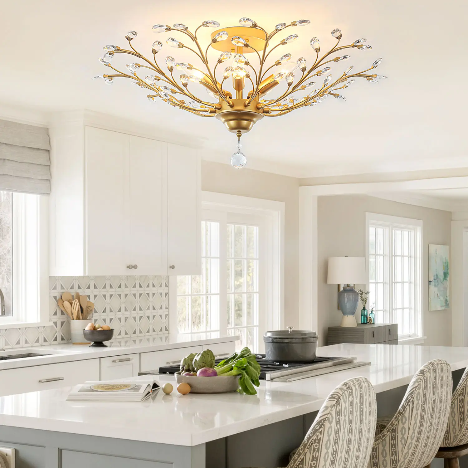 Luxury Crystal Semi-Flush Mount Ceiling Light Fixture, E12 Base, for Bedroom, Living Room, Hallway
