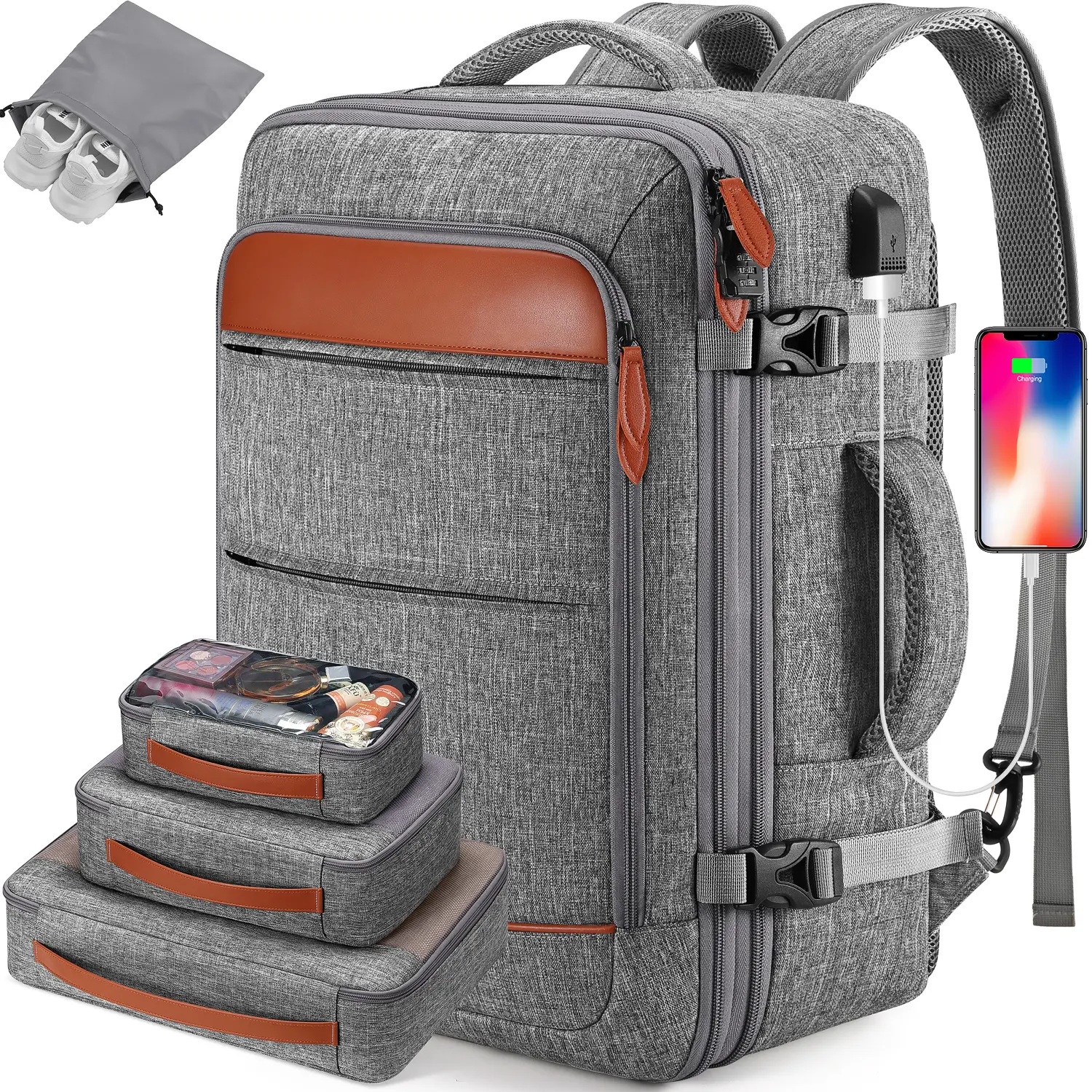 BAGSURE Hidden Shoulder Straps Travel Backpack 42L No Wheels Flight Approved Expandable Luggage Backpack with 3 Packing Cubes & USB Port for Women Men,summerwins, Backpacks For School, Personal Item Travel Bag tiktokshopbacktoschool
