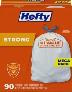 Hefty Strong 13 Gallon Trash Bags, Tall Kitchen Trash Bags, UnscentedLarge Trash Bags with Drawstrings, Durable Closure, Resists Leaks, Punctures, and Tears, White, Unscented, 90 Bags
