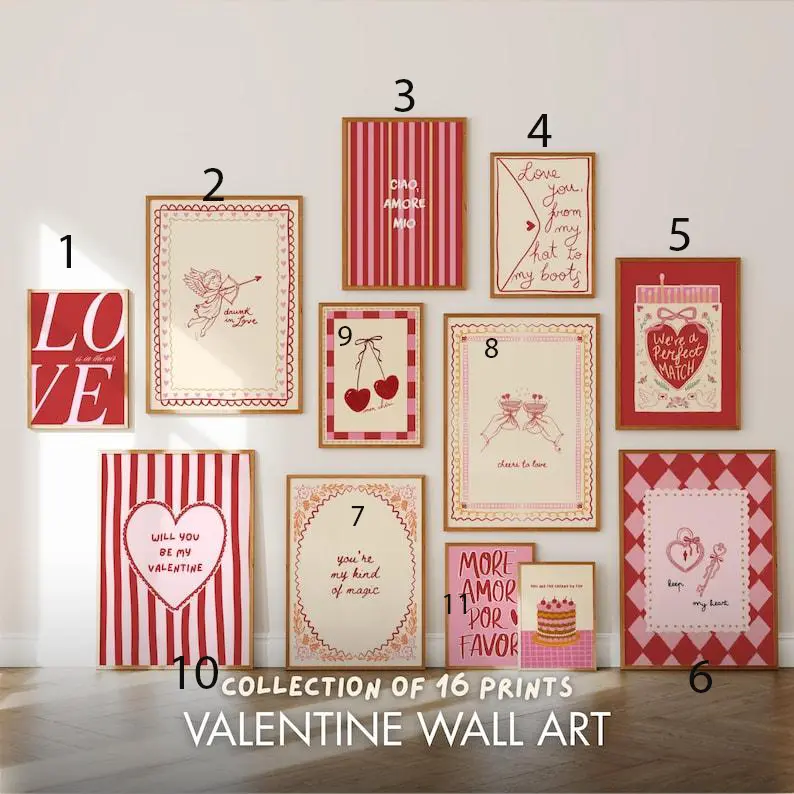 Valentine Wall Art Bundle, 16 Romantic Valentine Prints, Vintage Love Posters, Trendy Folk Heart Art, Pink Red Gallery Decor