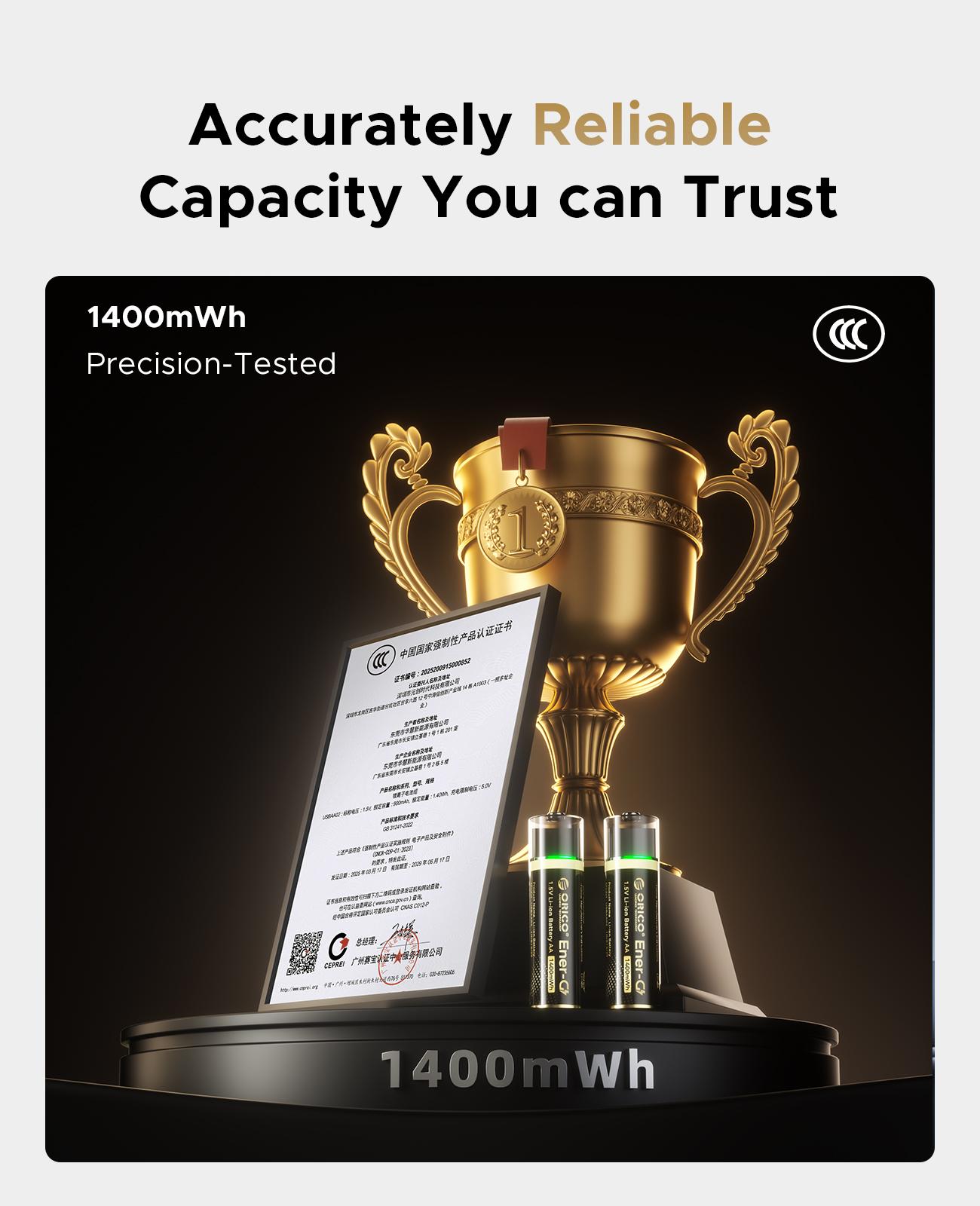 ORICO Ener-G Lithium ion Battery Rechargeable AA Batteries 1400mWh USB-A Direct Charging 1.5H Fast Full-Charged 1500 Cycles for Mouse Keyboards RC Remotes Flashlights-EG5A