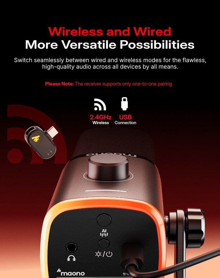 Maono PD100W Wireless & USB gaming microphone for podcast recording, meeting, dynamic RGB mic with quick mute, headphone jack, gain knob, volume control, desktop mic for PC Gamer. widely compatible with PCs, smartphones, laptops, PS4, and PS5.