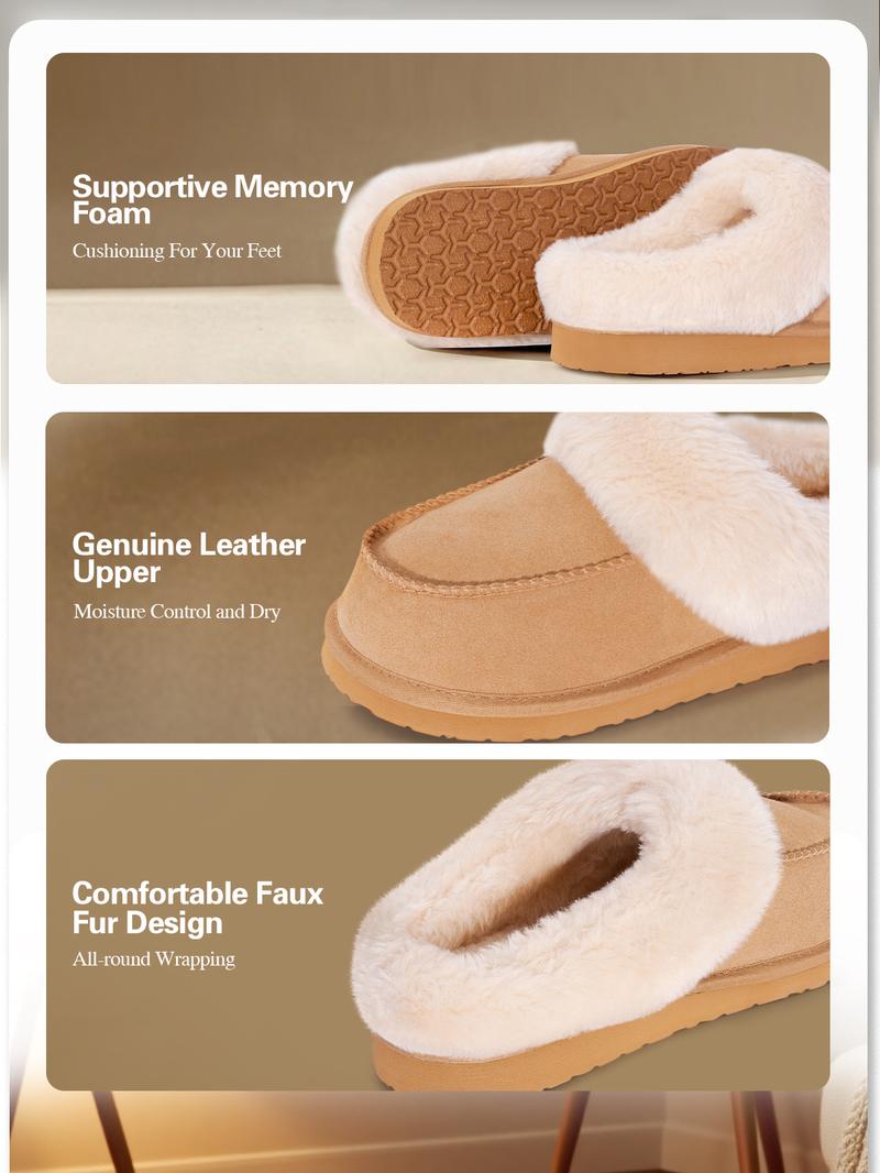FITORY Women’s Suede Slippers with Faux Fur, Winter Warm Memory Foam Comfort Indoor Outdoor Non-Slip Shoes, Size 6-11 Brown