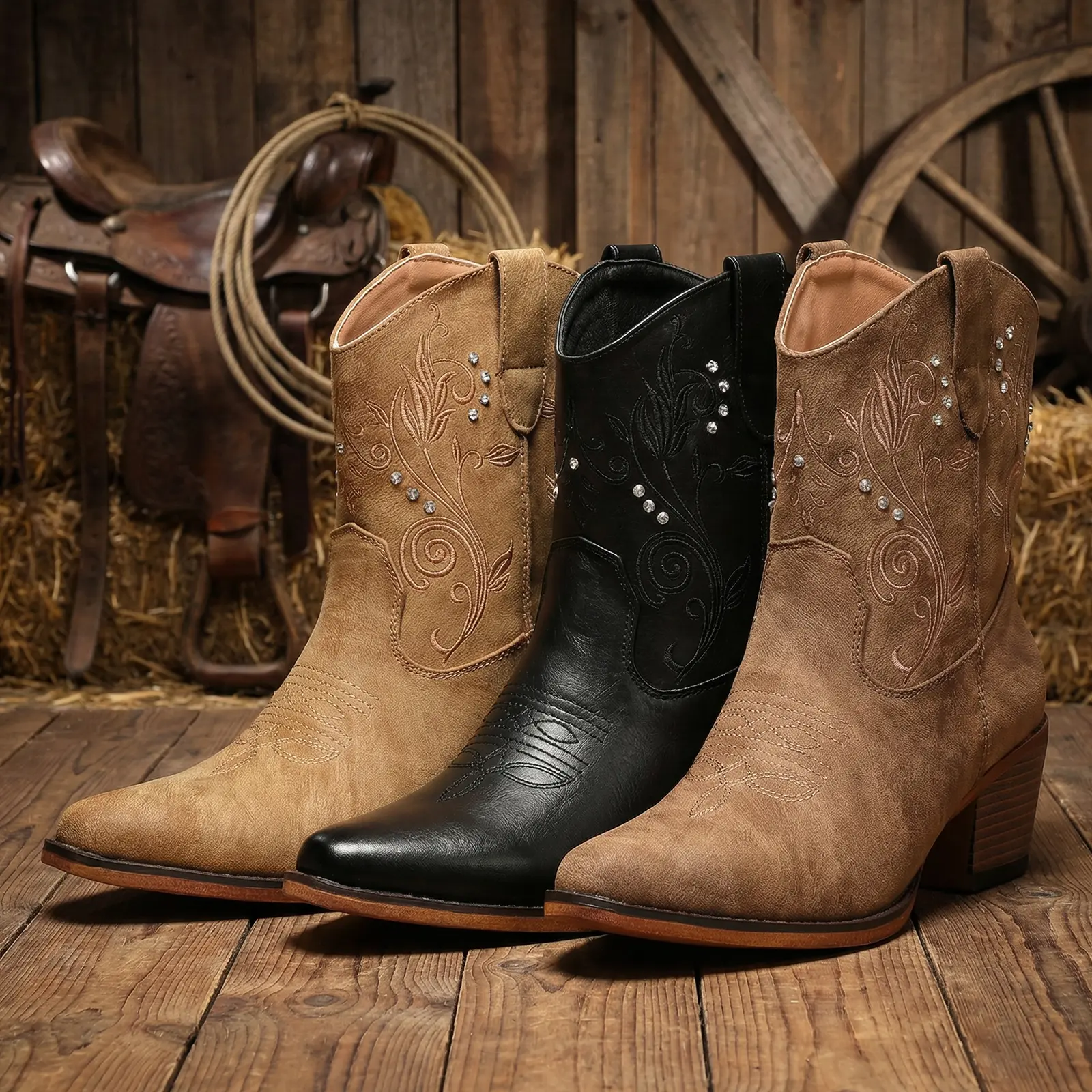 IUV Cowgirl Boots for Women, Wide‑Calf Ankle Cowgirl Boots with Rhinestones, Almond Pointed Toe Classic Western Boots, Women Chunky Heel Country Boots, Comfortable Walking Classic Booties