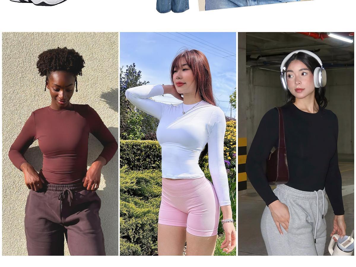 YEOREO Long Sleeve Shirts for Women y2k Tops Double Lined Basic Tee Crew Neck Sweeney Workout Undershirt