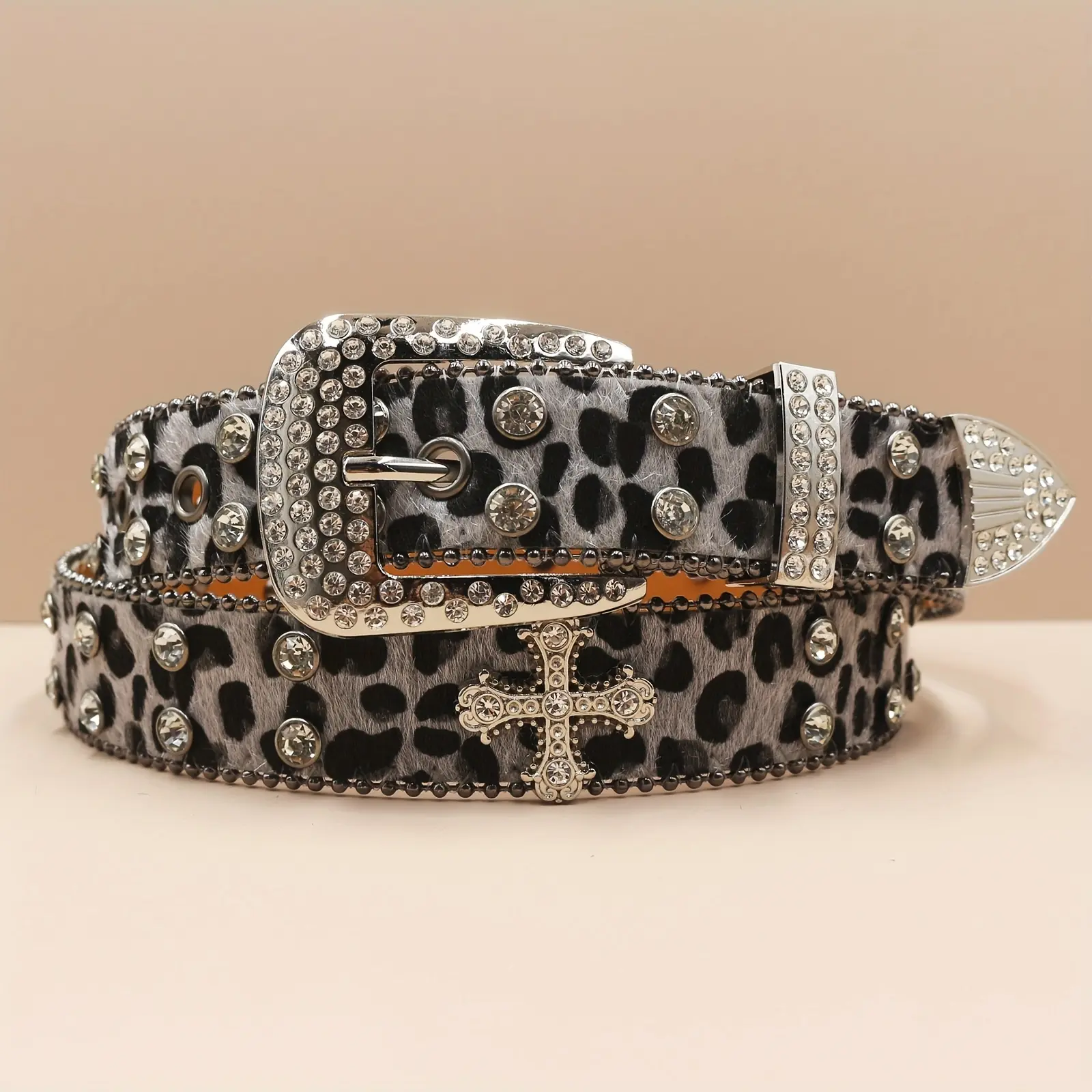 Women's Leopard Print Belt with Rhinestone Embellishments, Fashion Glitter Cross Metal Buckle, Statement Accessories for Women, Belts For Women