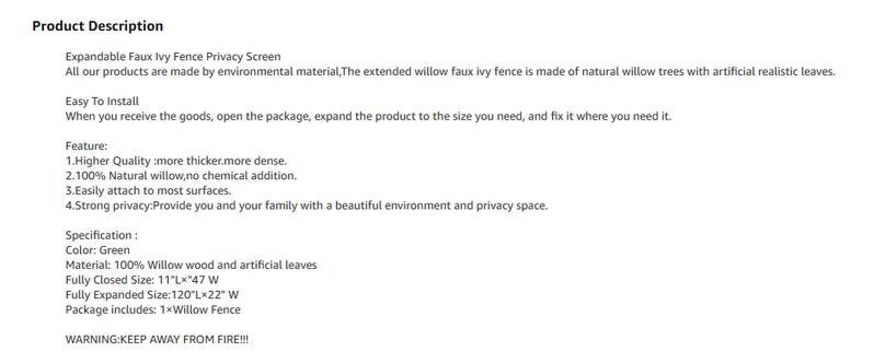 Uhair Expandable Fence Privacy Screen for Balcony Patio Outdoor,Decorative Faux Ivy Fencing Panel,Artificial