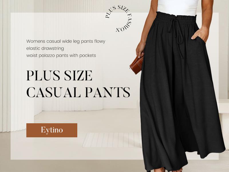 Eytino Womens Plus Size Wide Leg Pants Casual Elastic High Waist Flowy Pants Drawstring Palazzo Pants with Pockets(1X-5X)