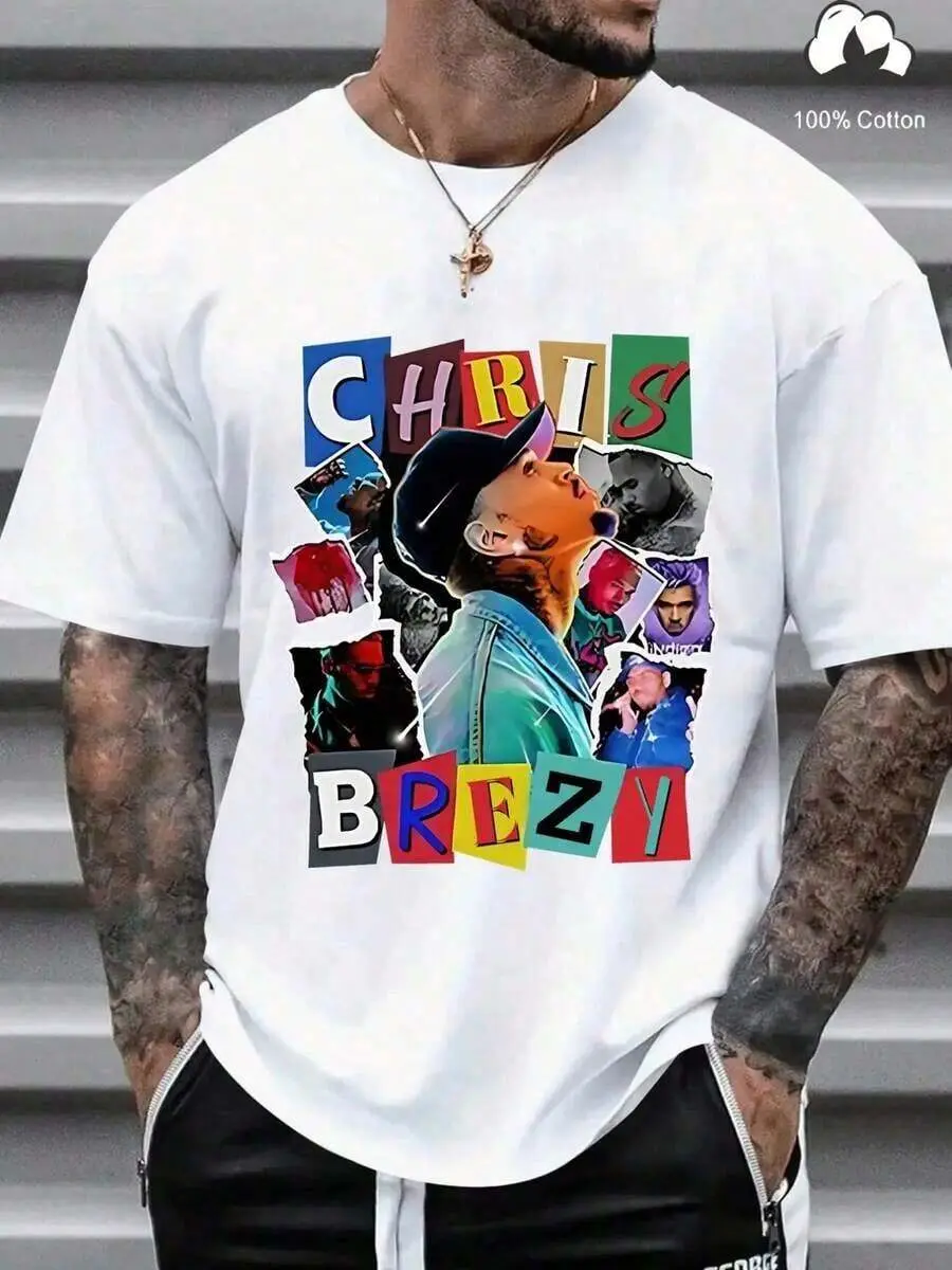 Chris Brezy Men's Hip Hop Graphic T-Shirt - White Tee With Bold CHRIS BREZY Lettering, Round Neck Streetwear Top For Concerts, Everyday Casual Outfits - Machine Washable Urban Fashion Shirt, Concert Outfit, Vibrant Design
