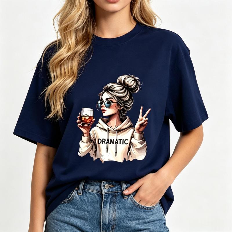 Women's Pure Cotton Oversized Crew Neck Graphic Tee - Navy, Short Sleeve, Lightweight, Peace Sign Art, Sunglasses & Iced Drink Prints, Casual Trendy Aesthetic Streetwear Summer Top