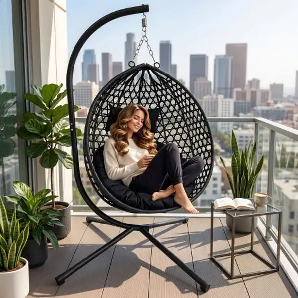 Foldable Hanging Egg Chair with Stand, HDPE Rattan Wicker Swing Chair with Cushion, Heavy Duty Frame 350 Lbs Capacity, Outdoor Patio Indoor Bedroom Balcony, Black+ Black