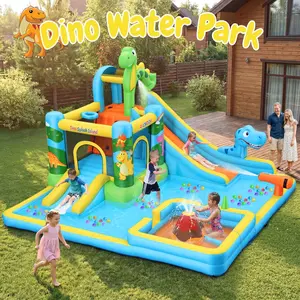 AKEYDIY Inflatable Water Slide,10 in 1 Dinosaur Themed Inflatable Water Slide,Bouncy Castle with Water Cannon, Dino Pool, Climbing Wall, Basketball Hoop, Backyard Water Park for Kids,550W Blower Included,Bounce House for BIg Kids