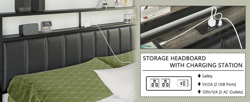 AMERLIFE Bed Frame with 2 Storage Drawers, 2-Tier Storage PU Headboard with Charging Station& LED Lights, No Box Spring Needed/Unique Bedroom Furniture