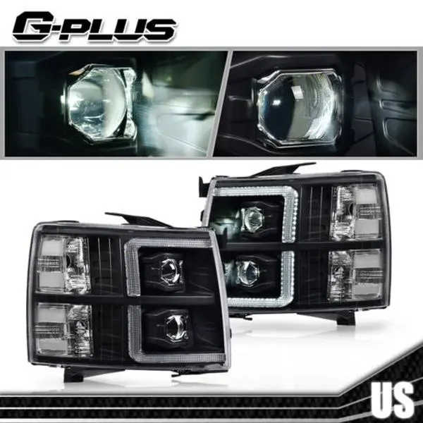 G-PLUS Headlights for 2007-2014 Chevy Silverado Clear Lens Headlights Lamps Black Housing New