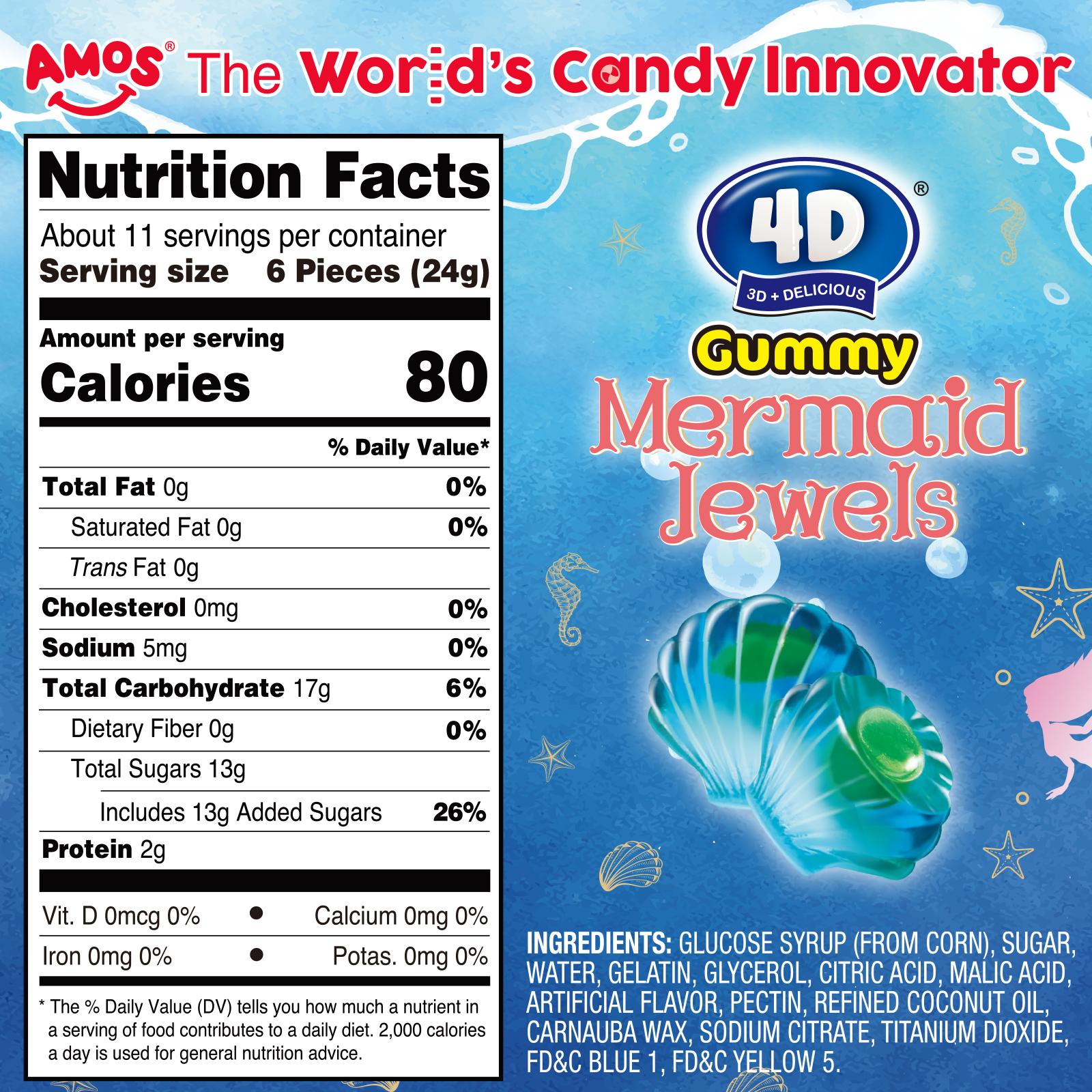 Amos 4D Gummy Mermaid Jewels - Blue Raspberry Flavor, Jelly-Filled Chewy Fruit Snacks, Gluten-Free, Resealable Bags, Healthy Exotic Sweet Treats - Bite