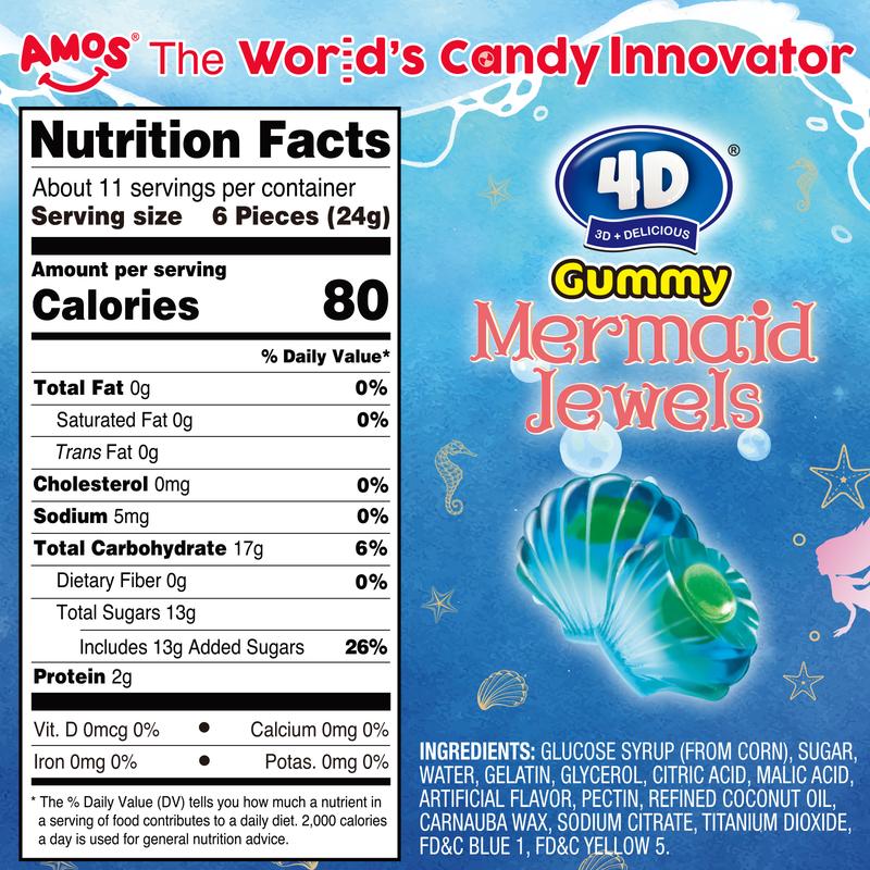 Amos 4D Gummy Mermaid Jewels - Blue Raspberry Flavor, Jelly-Filled Chewy Fruit Snacks, Gluten-Free, Resealable Bags, Healthy Exotic Sweet Treats - Bite