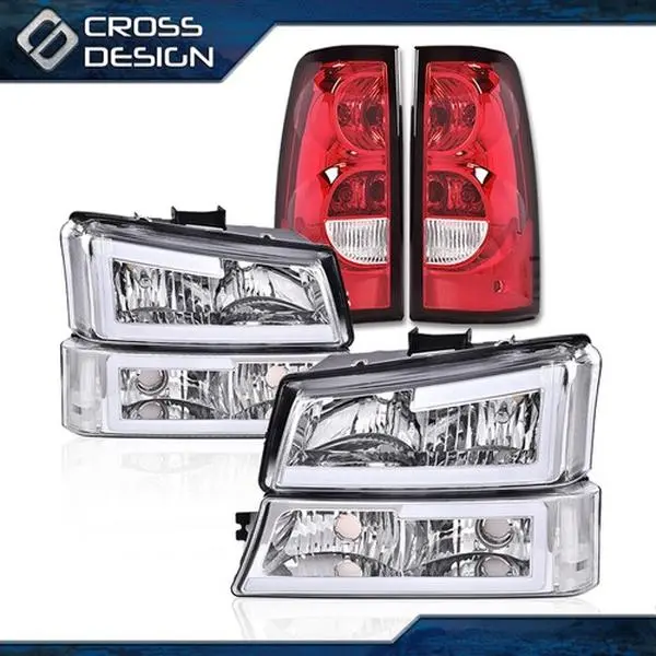 CROSSDESIGN LED DRL Bumper Headlamps & Tail Light Kit for 03-07 Chevy Silverado Truck, Polycarbonate Aftermarket Vehicle Accessories with Car Lighting Bulbs, Direct Replacement and Upgrade for Car Exterior, Light Bulbs