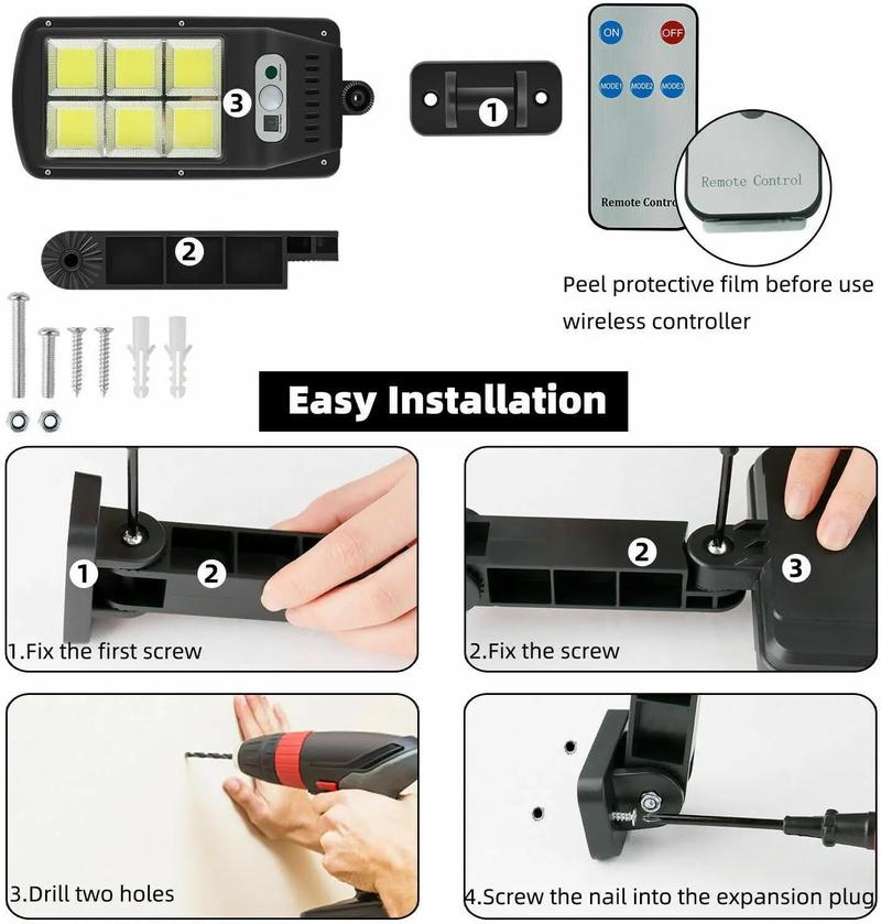 4 Sets Solar Powered LED Street Lights – Smart Remote & IP65 Motion Sensor – 3 Modes (Security/Dim/Highlight) for Pathways, Garages, Backyards & Front Yards – Heavy-Duty Waterproof Lighting Solution for Home & Outdoor Areas