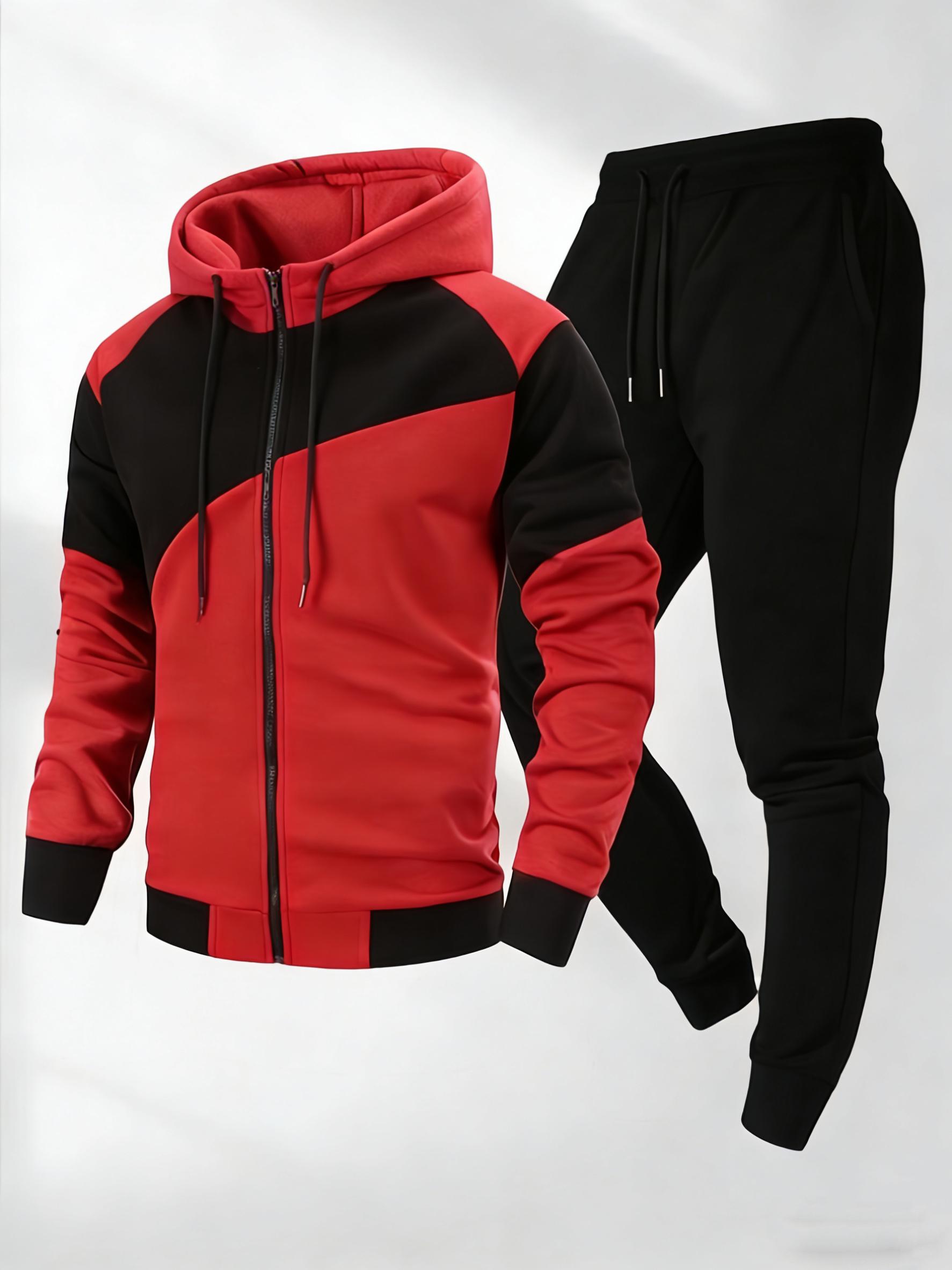 Men's 2-Piece Color Block Hooded Sports Set - Zippered Casual Menswear, Suitable for Everyday Wear