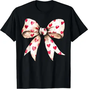 Women’s Comfy Valentine’s "Heart Bow" Graphic Tee - Viral Coquette Romance Casual Short Sleeve