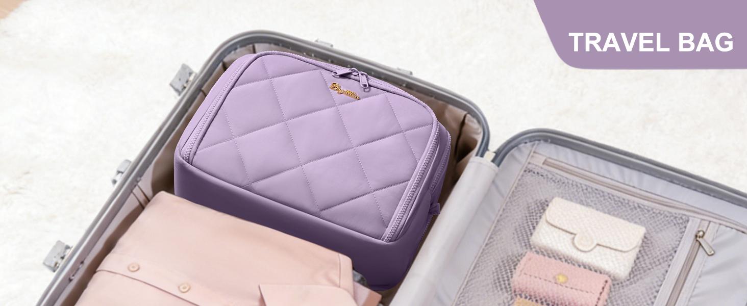 Bagstellar Wide-open Large Toiletry Bag, Lightweight Puffy Travel Bag for Women, Quilted Makeup Bag Organizer Water-resistant Cosmetic Bag with Handle for Toiletries, Essentials, Accessories