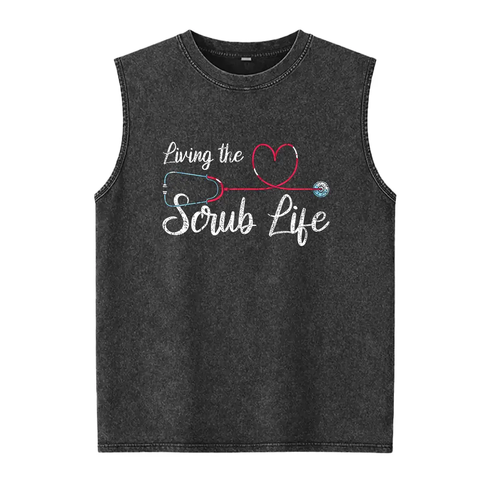 Men's 100% Cotton Classic Crew Neck Loose Lightweight Short-Sleeve Smooth Ribbed Seamless Washed Casual Vest - Menswear Medical Nursing Scrub for Nurses (Stethoscope Heart Theme)