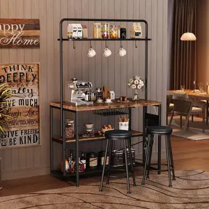 Kitchen Island with Power Outlet & 2 Bar Stools, Industrial Bakers Rack with 3-Tier Shelves & 5 Hooks, Microwave Stand Coffee Bar Table for Dining Room, Living Room, Apartment