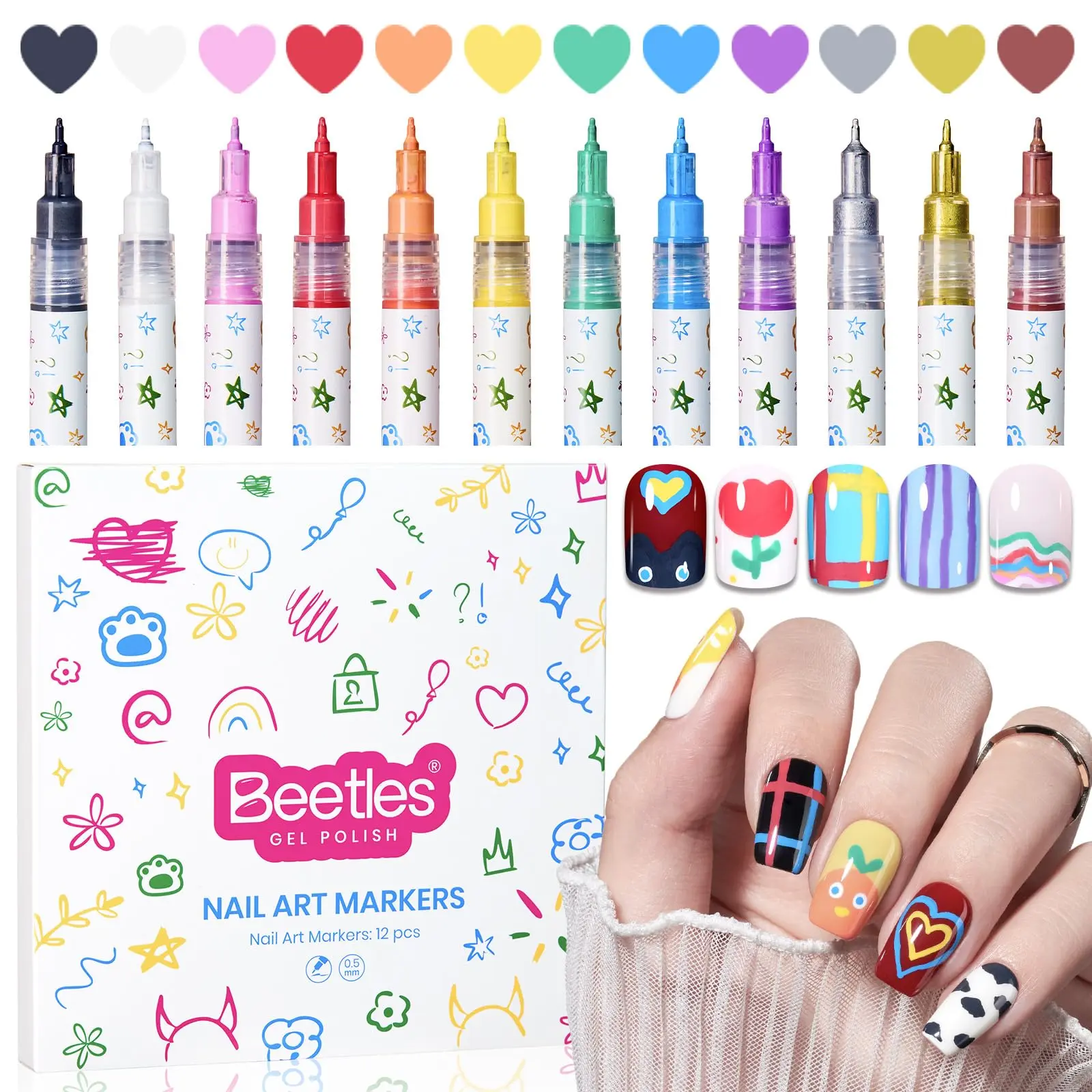 Beetles 12 Colors Nail Art Pens, 0.5mm Fine Line Nail Polish Pens, Quick Air Drying Acrylic Paint Markers for Nail Art Design, Dotting & Liner Brush, DIY Home & Salon Manicure Tools