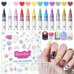 Beetles 12 Colors Nail Art Pens, 0.5mm Fine Line Nail Polish Pens, Quick Air Drying Acrylic Paint Markers for Nail Art Design, Dotting & Liner Brush, DIY Home & Salon Manicure Tools