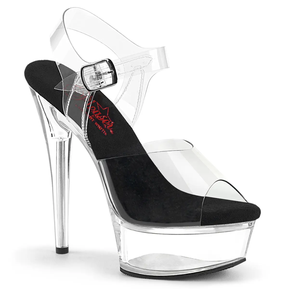 Pleaser Women's Stylish Classy Platform High-Heel Sandals - Excite-608, 1.75" Platform, 6" Heel, Black/Clear, Ankle Strap, Heeled Lift Fashion Footwear for Dancers