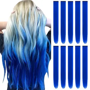 22 inch Colored Hair Extensions, Colorful Party Highlights Hairpiece Clip in Long Straight Synthetic Hair Extensions for Girls Women Cosplay Favor Gift(10 PCS Blue)