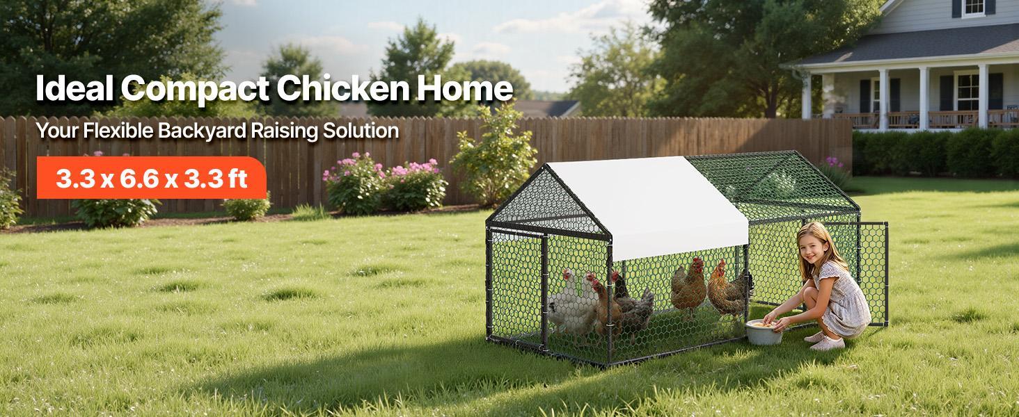 VEVOR Metal Chicken Coop for 4-6 Chickens, 3.3 x 6.6 x 3.3 ft, Small Chicken Cage with Waterproof Cover & Double Doors, Spire Roof Poultry Run Compatible with Wooden Coops, for Rabbit Hen Goose Duck#BackToSchool