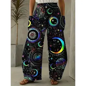 Plus Size Women's Holographic Moon & Star Print Wide Leg Trousers with Pockets Polyester Woven Bottoms LF42425 Pants Womenswear Fabric Wideleg Multicolor Galaxy Pattern