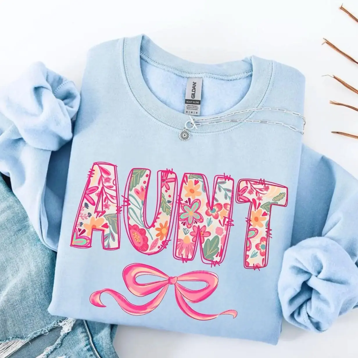 Retro Floral Auntie Pink Coquette Bow Sweater, Aunt Foodles Flowers Tee, Preppy Nephew's Aunt Gift, Mothers Day Gift CM8H