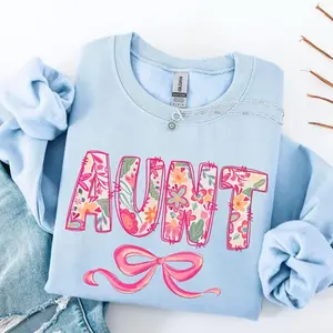 Retro Floral Auntie Pink Coquette Bow Sweater, Aunt Foodles Flowers Tee, Preppy Nephew's Aunt Gift, Mothers Day Gift CM8H