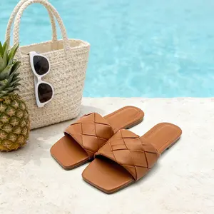 Lumubby Women's Square Toe Woven Flat Slide Sandals - Breathable 1-Strap Slip-On Mules, Women's Shoe & Footwear for Summer Casual Beach Daily Wear