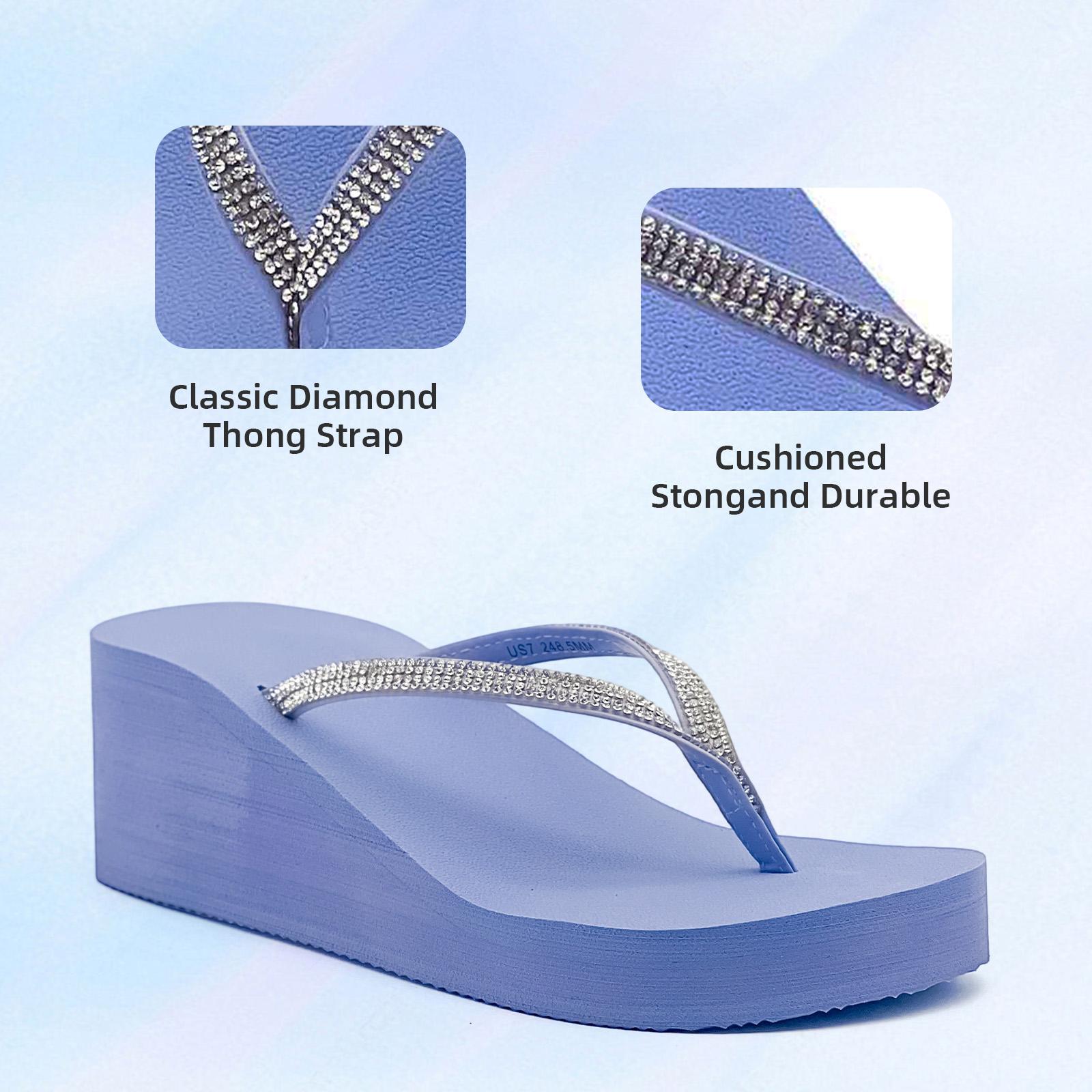Lumubby Sparkly Rhinestone Wedge Heel Thong Sandals 8cm Platform Flip Flops Comfortable Casual Shoes for Summer Women's Y2K Inspired White Sandals
