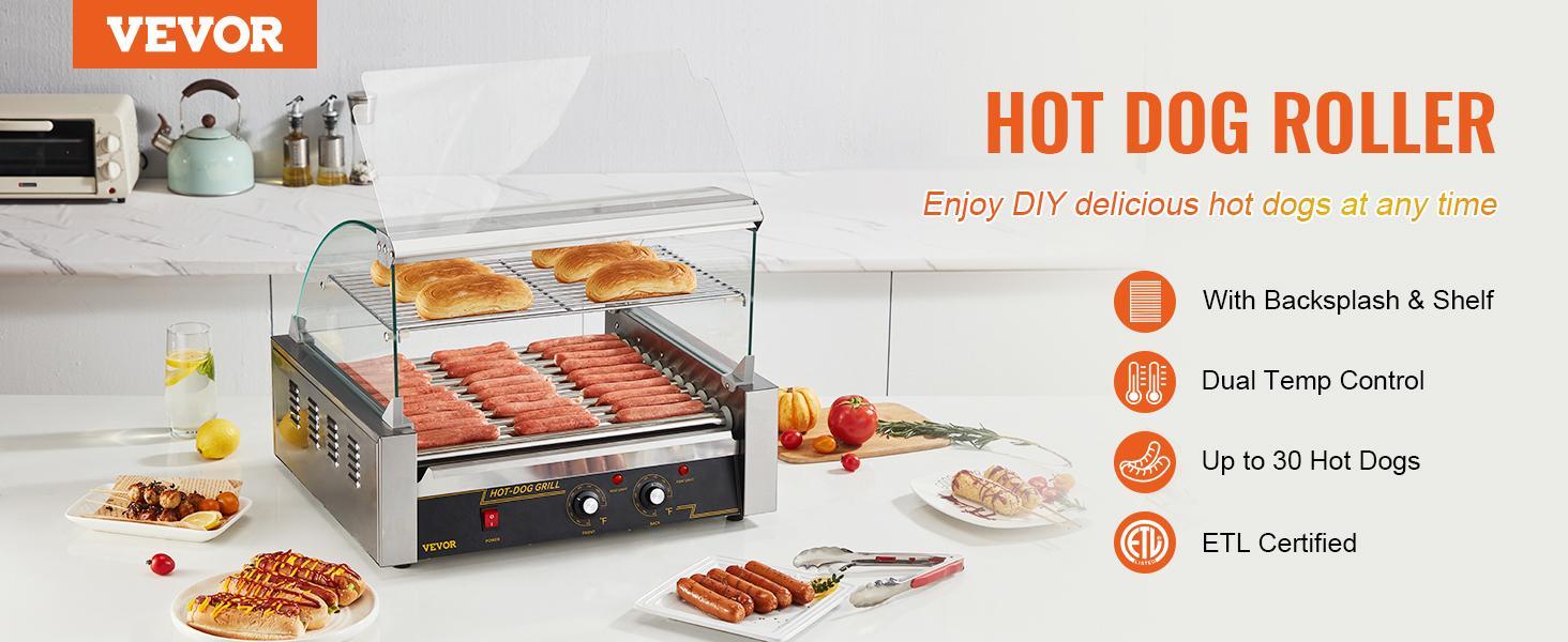 VEVOR Hot Dog Roller, , 11 Rollers 30 Hot Dogs Capacity, 1650W Stainless Sausage Grill Cooker Machine with Dual Temp Control Glass Hood Acrylic Cover Bun Warmer Shelf Removable Drip Tray, ETL Certified VEVOR Hot Dog Roller, , 11 Rollers 30 Hot Dogs Capacity, 1650W Stainless Sausage Grill Cooker Machine with Dual Temp Control Glass Hood Acrylic Cover Bun Warmer Shelf Removable Drip Tray, ETL Certified