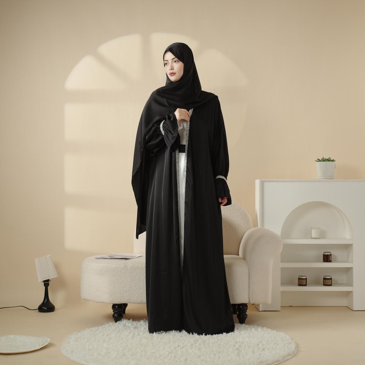 Poet Sleeve Satin Abaya Set | 4-Piece Satin Design | Shimmering Gem Details | Includes Open Abaya, Fitted Inner Dress, Hijab, Belt | Side Pockets & Round Neckline | Full-Length Elegance | Perfect for Weddings & Formal Events | elegant maxi winter jilbabs