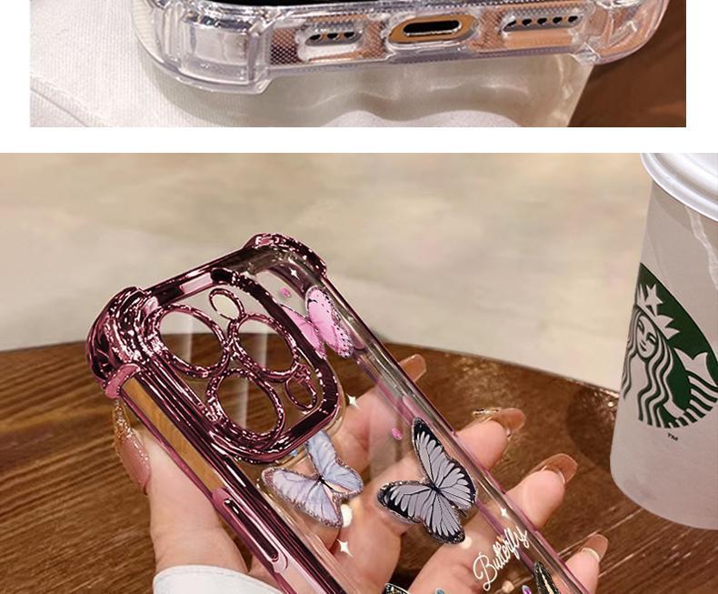 Five Butterflies Pattern Women's Phone Case for iPhone 11/12/13/14/15/16/17 Pro Max, Pink Chrome Alloy Frame Reinforced Corner Protection Protective Phone Cover