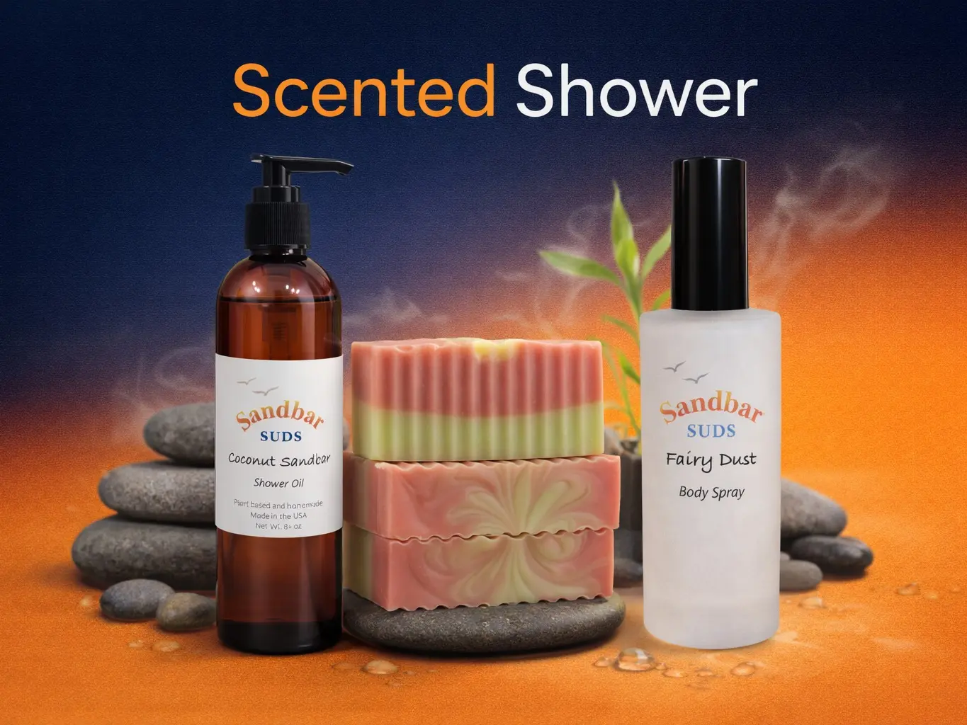 Sandbar SUDS Scented Shower 3-Piece Fragrance Layering Bundle | Long-Lasting Body Scent Set | Includes Hydrating Shower Oil, Refreshing Body Spray & Premium Bar Soap | Clean & Fresh Skin Kit | Made in USA | Phthalate-Free