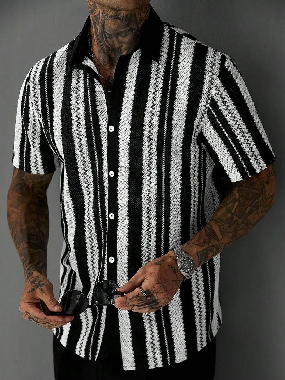 Men's clothing - Men's Mesh Patchwork Shirt, Breathable Short Sleeve Button Down for Summer Streetwear & Beach men’s clothes mens clothing male clothing trending clothes y2k clothing streetwear clothing y2k shirts