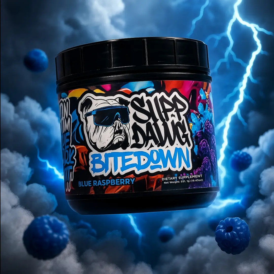 SUPPDAWG Bite Down Caffeine-Free Pre-Workout Powder for Adults - 6 g L-Citrulline, 3 g Betaine, 1.5 g L-Tyrosine - 30 Servings, Blue Raspberry, Peach or Blackberry Lemonade Pre Workout Powder Fitness Supplements