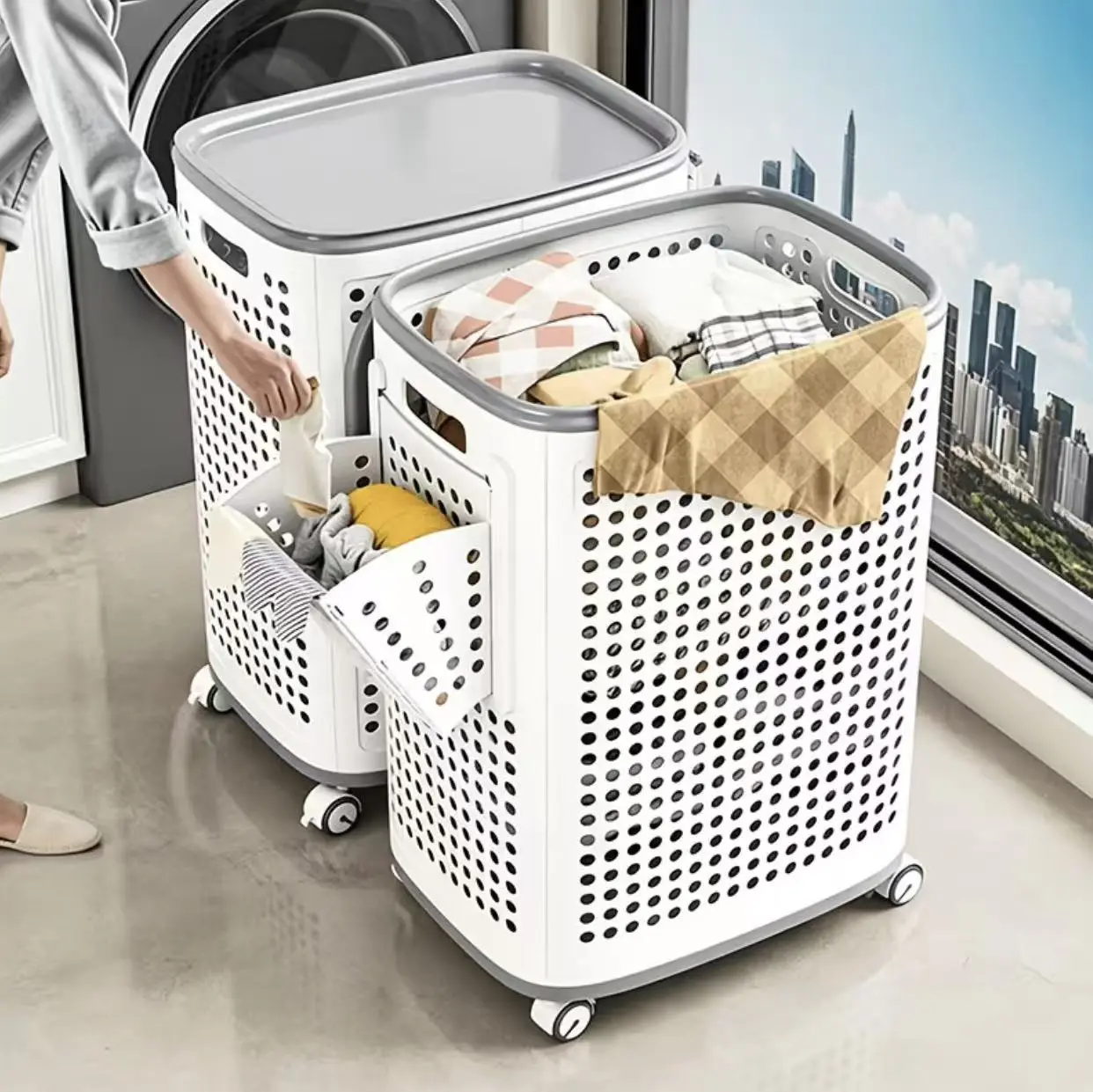 Heavy-Duty Plastic Geometric Foldable Laundry Hamper - Wheel-Equipped, Foldable Lid, Carry Handles, Tray Removal, Removable Trays, Freestanding Home Bathroom Storage Organizer
