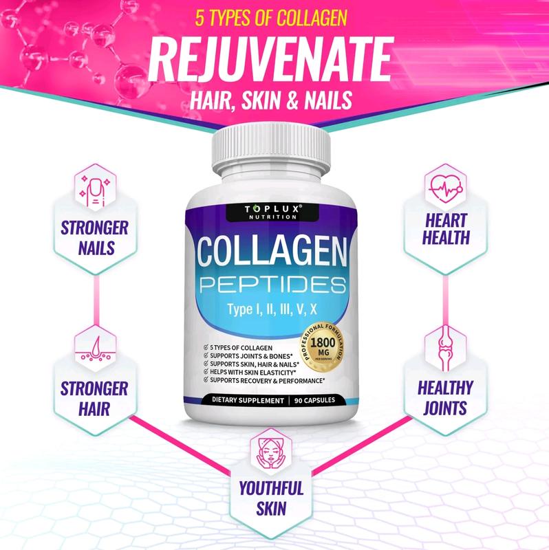 3BE-Toplux Nutrition Collagen Peptides 5 Types Complex 1800mg US Made Dietary Supplement for Health Beauty Fitness 90 Capsules Healthcare Edible Healthy