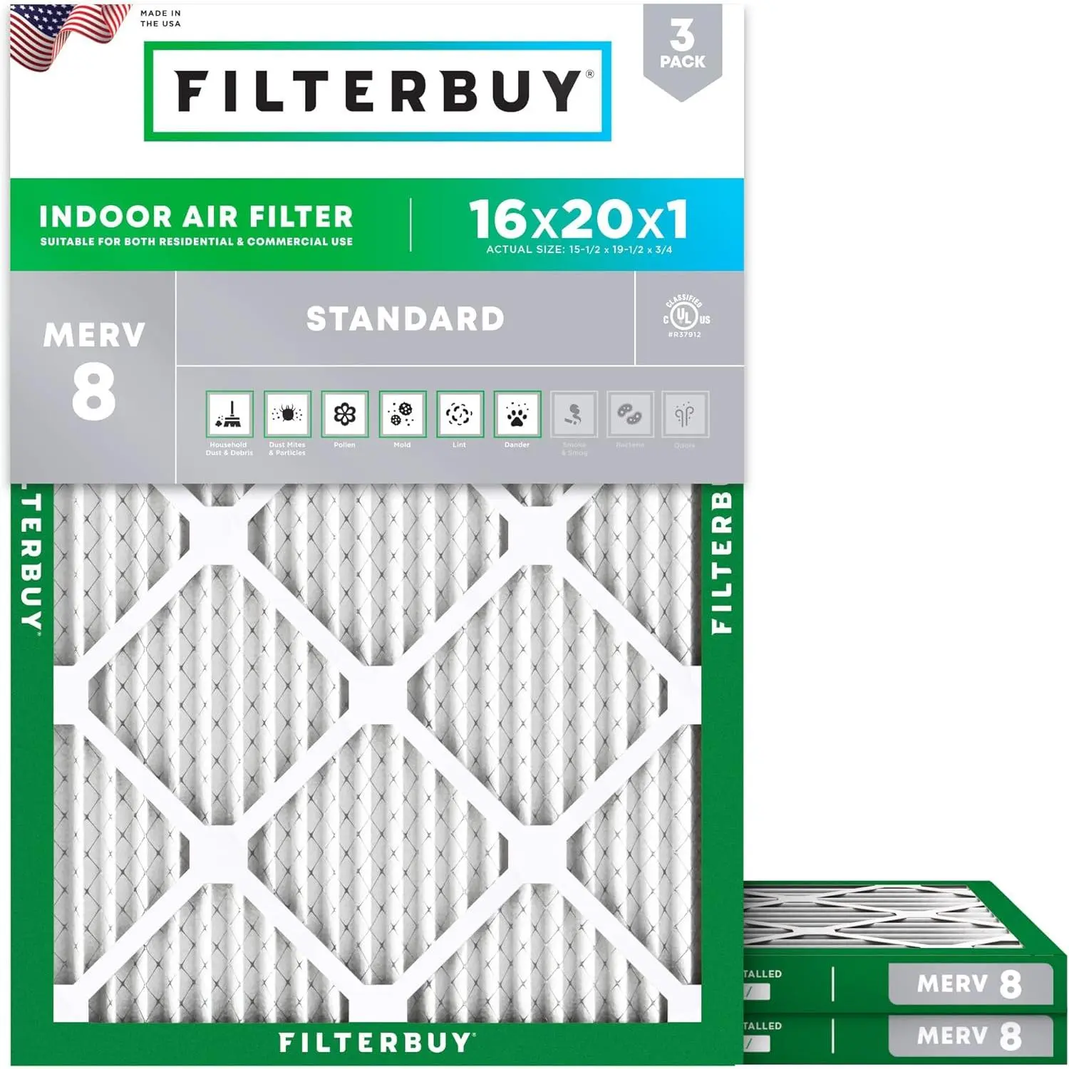 Filterbuy 16x20x1 HVAC AC Furnace Air Filter (3-Pack 90-Day Set) - Polypropylene Electrostatic Pleated MERV 8 Replacement, Fits Furnaces, AC, Heat Pumps, Helps Keep Airflow Steady (Actual Size:15.5"x19.5"x0.75")