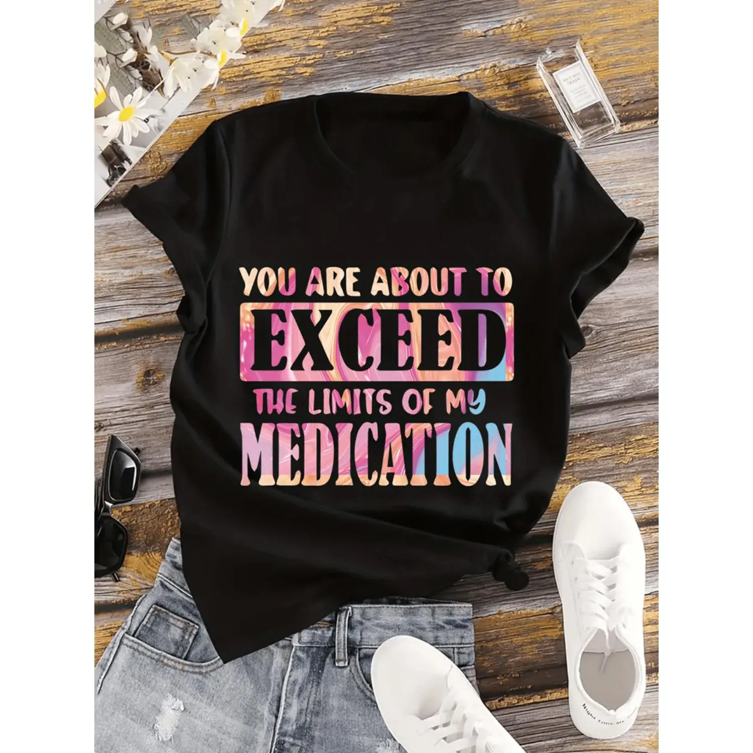 100% Cotton womens plus size gradient print t shirt short sleeve crew neck casual black with colorful text design spring summer everyday tee geometric print smooth stretchy material black -1 Funny Tee Shop Fit Style